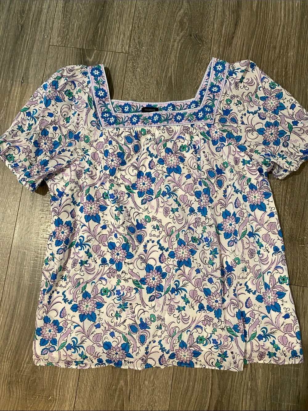 Talbots Lavender and Blue Floral Square-Neck Cotton Top